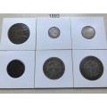 ZAR 1893 Complete Coin Set 1D 3P 6P 1S 2S 2.5S  ###  Hern's VF Value R 40 750 ###