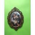 Set of 2 Vintage Italian silk pictures in Brass Frames - oval 165mm x 120mm