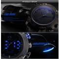 Shark Men's LED Date Day Alarm Digital Analog Quartz Sport Black Leather Band Wrist Watch Blue