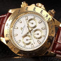 Authentic Luxury KS Imperial Day Date Gold Case Brown Leather Men Automatic Mechanical Wrist Watch