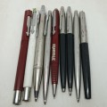 9 Paker pens rollerbal and 1 ink pen