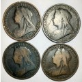 4x 1897 Great Britain - One Penny - Queen Victoria
