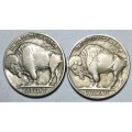 2 x USA United States 1928 / 1936 - 5 Cents `Buffalo Nickel`