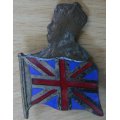 Sweetheart brooch made from Union Jack pin with mounted cut-out of SA penny 1923-1936