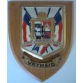 Vintage Vryheid coat of arms plaque, resin on wood