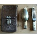 Officer's foldable field cutlery set in engraved leather pouch