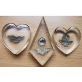 WW2 lot of 3 RAF perspex sweetheart items - 2 hearts and 1 diamond