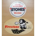 2 vintage Firestone Afrikaans and English advertising car decal stickers