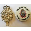 Vintage Canadian Military Tri-forces hat badge plus pinback button badge