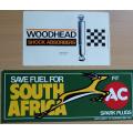 Lot of 2 vintage car-related decal stickers - Woodhead shocks and AC spark plugs