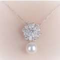925 Silver Cubic Zirconia Flower and Hanging Pearl Necklace