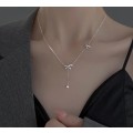 925 Silver CZ Bow Knot Tassel Necklace