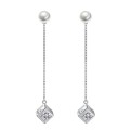 925 Silver Pearl and Hanging CZ Cube Earrings