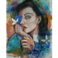 Beautiful!*Original Anni Brand (1970-) "Blue Roses & White Butterflies" 65 x 47cm Large Japan Canvas