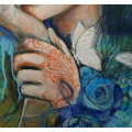 Beautiful!*Original Anni Brand (1970-) "Blue Roses & White Butterflies" 65 x 47cm Large Japan Canvas