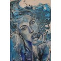 Beautiful!*Original Anni Brand (1970-) "Blue Daydreamer" 70 x 53cm Large Japanese Canvas