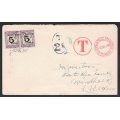 SWA 1928 5d PAIR POSTAGE DUES ON INCOMING TAXED COVER EX DURBAN PHILATELIC EXHIBITION