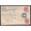 TRANSVAAL 1908 REGISTERED 4d P.S. COVER WITH EXTRA 2 X 1d FROM MIDDELBURG TO LONDON. CLEAN PMKS
