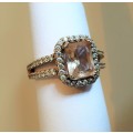 Stunning 925 Sterling Silver Ring with Rose gold plating and a large champagne coloured center stone
