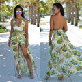 Green Elegant Chiffon Summer Flora Printed Slip Long Dress