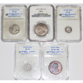 LOT of 5 graded & 1 ungraded ZAR/Union Coins. Total Hearns value: R10000+