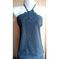 Black Halterneck Top with Flower and Glass Bead detail Size Medium