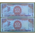 x5 Trinidad and Tobago uncirculated $1 notes in sequence (2006)