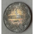 Rainbow toned 1897 ZAR Kruger silver shilling in XF