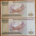 1987 Peru unc 500 Intis note set in sequence
