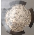 High grade 1896 ZAR Kruger silver tickey NGC AU55