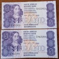 Set of 2 GPC de Kock 1980s R5 notes in good condition