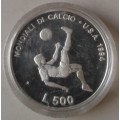 1994 San Marino proof silver 500 Lire (World Cup Soccer)