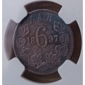 Excellent 1897 ZAR Kruger silver sixpence NGC AU58 (Nortje Collection)