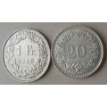 1969 Swiss 1 Franc & 2004 20 Rappen in high grade