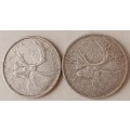 1961 and 1964 Canada silver 25c set