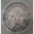 High grade 1892 ZAR Kruger silver tickey SANGS AU58 with cracked die