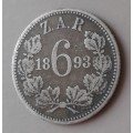Scarce 1893 ZAR Kruger silver sixpence..