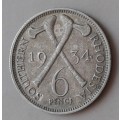 Scarcer 1934 Southern Rhodesia sterling silver sixpence in VF