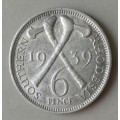 Scarce 1939 Southern Rhodesia sterling silver sixpence in XF