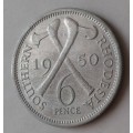 1950 Southern Rhodesia nickel sixpence in XF