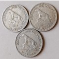 1955-1957 Rhodesia and Nyasaland nickel sixpence set (3 coins)