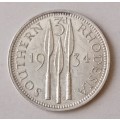 1934 Southern Rhodesia sterling silver threepence in XF
