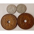 Lot of x4 Rhodesia and Nyasaland coins (threepence x2, penny x2)