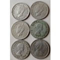 Lot of x6 Rhodesian nickel threepence coins (1947-1968)