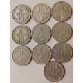 Lot of x10 Rhodesian nickel threepence coins (1947-1970)