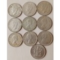 Lot of x10 Rhodesian nickel threepence coins (1947-1970)
