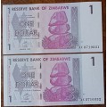 2007 Zimbabwe uncirculated $1 set in sequence