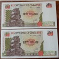 1994 Zimbabwe uncirculated $50 set in sequence