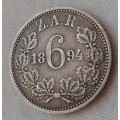 1894 ZAR Kruger silver sixpence in AXF