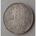 Nice 1897 ZAR Kruger silver sixpence in AXF